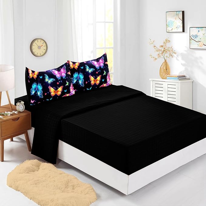 Colorful Gradient Butterfly Comforter 7Pcs Tie-Dye Heart Print Bedding Set for Kid Teen Girl Boy Adult Sparkling Aesthetics Quilt Bed Set Queen with 2 Sheets,2 Pillowcases,2 Throw Pillow Covers