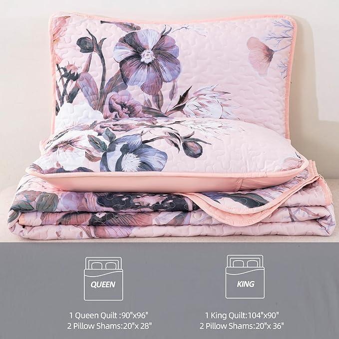 Floral Quilt Set King 3 Pieces Pink Floral Quilt Coverlet Set Soft Microfiber Lightweight Pink Quilted Bedspread for All Season 104"x90"