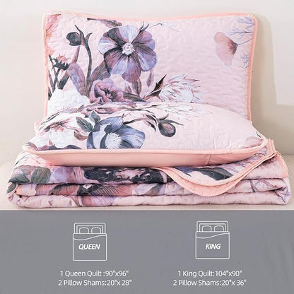 Floral Quilt Set Queen 3 Pieces Pink Floral Quilt Coverlet Set Soft Microfiber Lightweight Pink Quilted Bedspread for All Season 90"x96"
