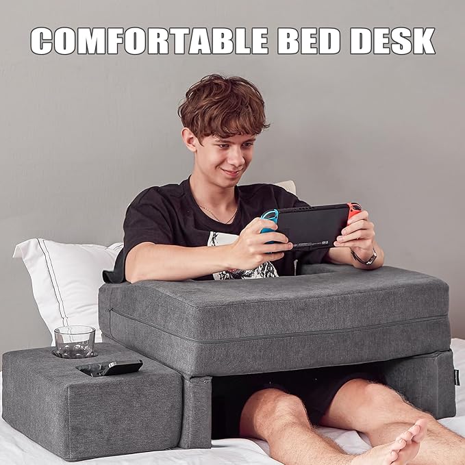 Lap Desk Pillow for Laptop, Large Reading Pillow for Adult, Arm Rest Pillow with Cup Holder, Memory Foam Bed Desk for Working, Gaming, Reading, Laptop Desk for Couch Bed Floor(Grey)