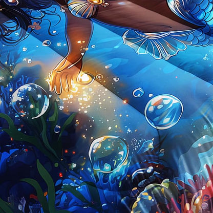Black Little Mermaid Pattern Queen Comforter Set,Underwater World Ocean Themed Bedding Sets for Kids Toddlers Girls Boys Room Decor,Princess Bedding with 2 Pillowcases.