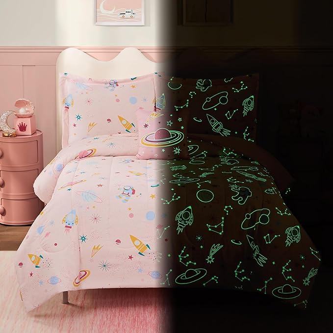 Full Size Comforter Set for Girls-4 Pieces Space Glow in The Dark Full Bedding Sets for Kids, 1 Comforter, 2 Shams and 1 Decor Pillow