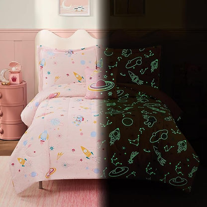 Full Size Comforter Set for Girls-4 Pieces Space Glow in The Dark Full Bedding Sets for Kids, 1 Comforter, 2 Shams and 1 Decor Pillow