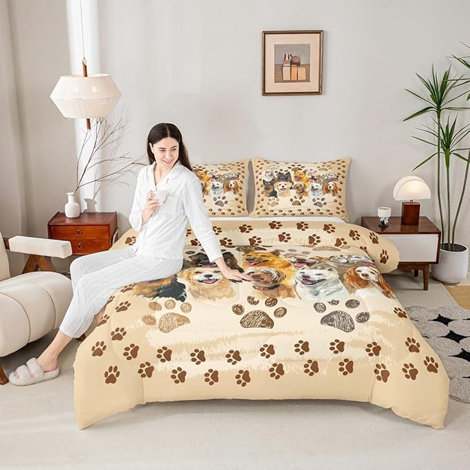 Castle Fairy Puppy Dogs Comforter Set Twin Size,Funny Cute Pet Dog Paw Print Bedding Set for Kids Boys Men,Vintage Watercolor Dogs Animal Quilted Duvet Set with 1 Pillowcase