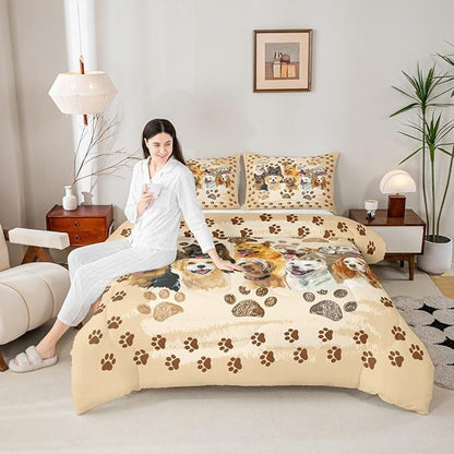 Castle Fairy Puppy Dogs Comforter Set Queen Size,Funny Cute Pet Dog Paw Print Bedding Set for Women Adult,Vintage Watercolor Dogs Animal Luxury Bed Duvet Insert, 2 Pillowcases