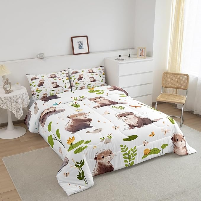 Lovely Otter Comforter Set Watercolor Green Lotus Leaf Plants Bedding Comforter for Kids Boys Girls Teens Cartoon Wild Butterfly Dragonfly Animals Bedroom Quilt Set with 2 Pillowcases King Size 3 Pcs