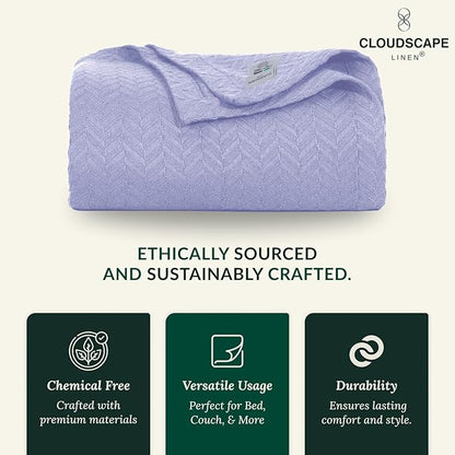 Cloud Scape Linen 100% Cotton Blanket Queen Size - Heavy and Soft, Season, Winter Cozy Blanket, Herringbone Weave, Best Gift for Women, fits Full Size Bed, 92x92, Lavender Blue