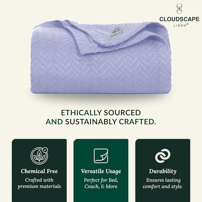 Cloud Scape Linen 100% Cotton Blanket King Size for Bed – Heavy & Soft, All Season, Winter Layering Blanket, Herringbone Weave, Best Gift for Christmas, fits Up to Cal King, 92x108, Lavender Blue