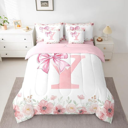 Erosebridal Pink Initial Letter Y Bed in A Bag for Young Woman Bedroom Decor, Kawaii Bow Tie Bowknot Comforter Set with Sheets Queen Flower Floral Dreamy Princess Style Bed Set Bedroom Decor 7-Piece