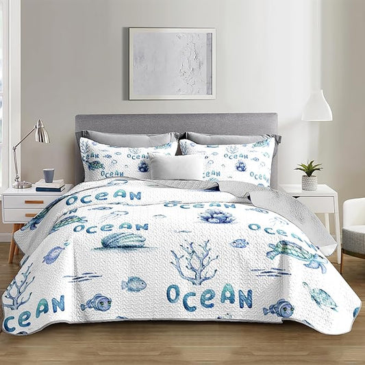 Twin Quilt Bedding Set 3 Pieces,Sea Turtle Shell Coral Pattern Bed Sets for Room Coastal Decor,Ocean Themed Bedding Summer Quilt with 2 Pillowcases.