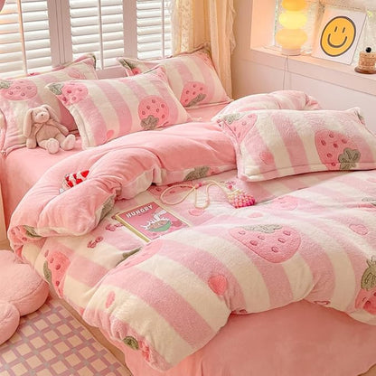 Pink Strawberry Kids Duvet Cover Set Queen Cute Kawaii Bedding Set Snowflake Fluffy Comforter Cover Blanket Soft Reversible Duvet Cover Room Decor (Strawberry,Queen)