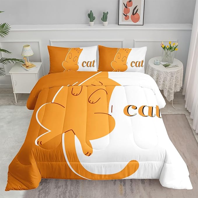 Orange Cat Comforter Set Cartoon Animal Printed Bedding Set with 1 Comforter and 2 Pillowcases for Boys and Girls Bedroom All Season(Cat Queen)
