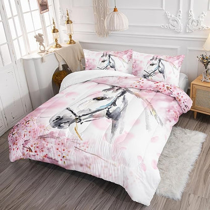 Kid Horse Comforter Set Full Room Floral Animal Theme Handsome Horse Chic Cherry Blossom Bedding Set Wild Animal Decor Quilt Set for Girls Adult, 1 Comforter + 2 Pillowcases