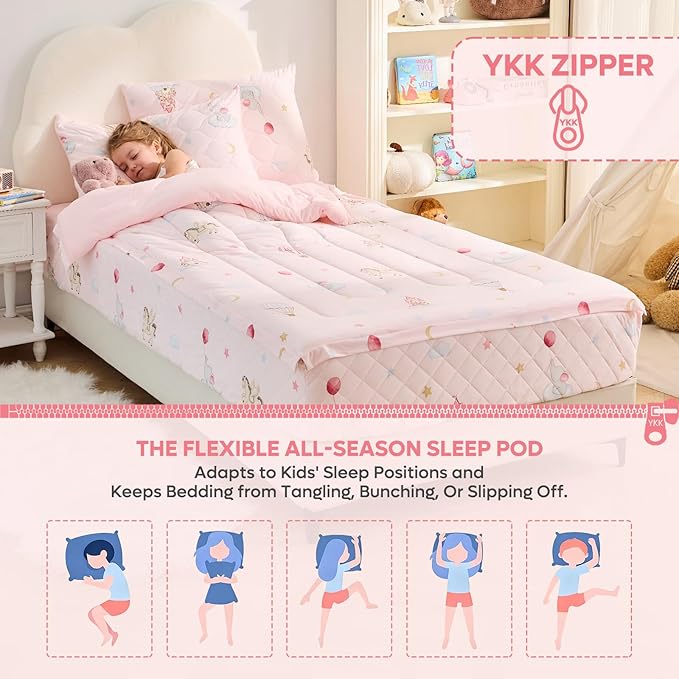 Bestier Twin Size 4Pcs Kids Comforter Sets, Zipper Bedding Set for Girls, Kids Bedding Set Cartoon Comforter for Kid, Zipper Bedding Certified - OEKO-TEX100, (Light Pink, Twin, 39"x75")