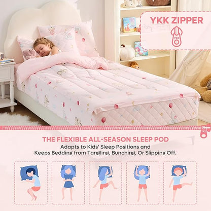 Bestier Twin Size 4Pcs Kids Comforter Sets, Zipper Bedding Set for Girls, Kids Bedding Set Cartoon Comforter for Kid, Zipper Bedding Certified - OEKO-TEX100, (Light Pink, Twin, 39"x75")