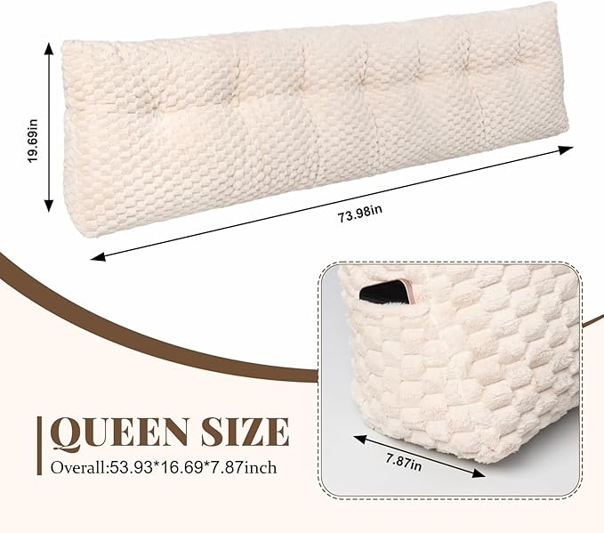 Large Headboard Wedge Pillow, Bed Rest Reading Pillow, Back Support Long Pillow, Bed Bolster Rest Reading Pillow with Removable Cover (Beige,King:76 * 20 * 8Inches)