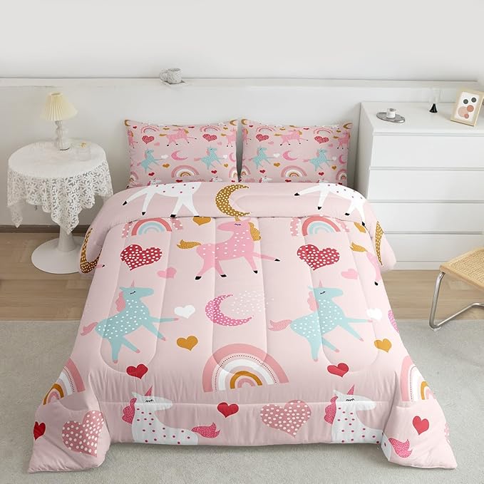 Feelyou Girls Unicorn Comforter Set Toddler Size Kids Cute Pink Rainbow Horse Decor Comforter for Unicorn Lover Daughter Bedding Set Boho Star Moon Duvet Set (1 Comforter + 1 Pillowcases, Toddler)