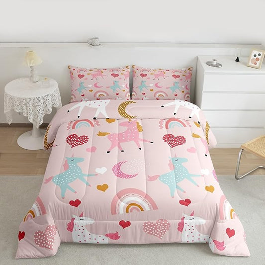 Feelyou Girls Unicorn Comforter Set Full Size Kids Cute Pink Rainbow Horse Decor Comforter for Unicorn Lover Daughter Bedding Set Boho Star Moon Duvet Set (1 Comforter + 2 Pillowcases, Full)