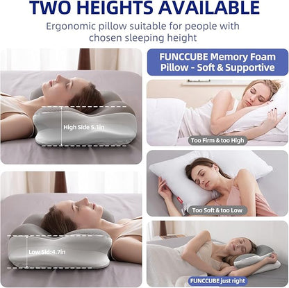 Cervical Neck Pillow - Memory Foam Pillows for Pain Relief Sleeping with Cooling Pillowcase, Ergonomic Contour Odorless Bed Pillow for Back Side Shoulder Stomach Sleeper, Queen Gray