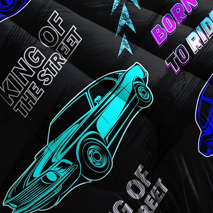 AILONEN Racing Car Comforter Set Twin Size, Fast and Furious Extreme Sport Games Bedding Sets for Kids Boys Teens,Cartoon Sports Car Bed in a Bag,1 Quilt and 2 Pillowcases,3 Pieces