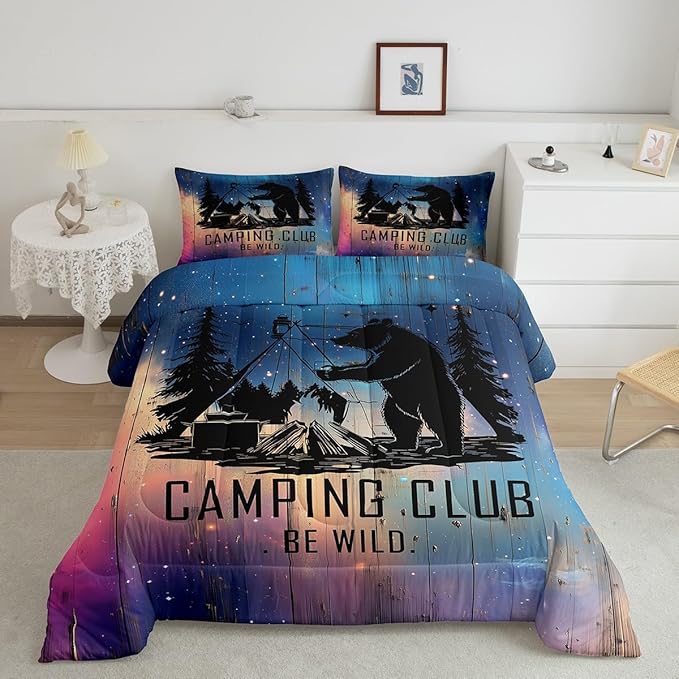 Feelyou Kids Camper Bedding Set Queen Universe Galaxy Camping Comforter for Boys Girls Farmhouse Rustic Wild Bear Decor Comforter Set Nature Starry Sky Quilt with 2 Pillow Case Boys
