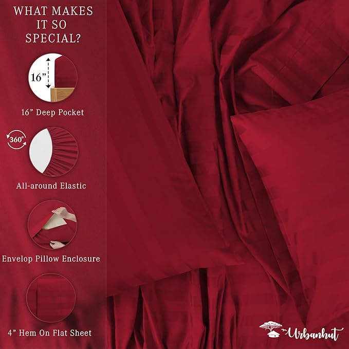 URBANHUT 1000 Thread Count Damask Striped Queen Bed Sheets Egyptian Cotton Sheet Set, Long Staple Soft & Breathable, 4 Pc Bed Sheet Sets, Luxury Hotel Sateen Sheets Fits 16" Deep Pocket - Burgundy
