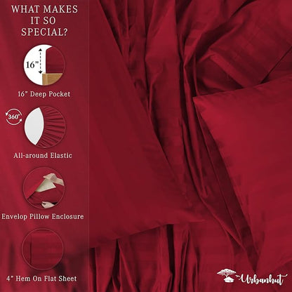 URBANHUT 1000 Thread Count Damask California King Bed Sheets Egyptian Cotton Sheet Set, Long Staple Soft & Breathable, 4 Pc Bed Sheet Sets, Luxury Hotel Sateen Sheets Fits 16" Deep Pocket - Burgundy