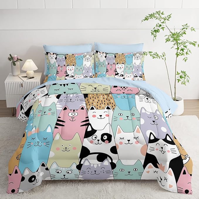 Cat Comforter Set 7 Piece King Size Bed in A Bag,Kawaii Bedding for Room Decor,Soft Cat Comforter Blue Cute Bedding with Fitted Sheet,Flat Sheet, Pillowcases & Shams