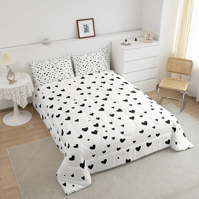 Feelyou Heart Shaped Comforter Set for Girls Boys Kids Toddler Size Soft Kawaii Comforter Room Decor Love Bedding Set Black White Duvet Set