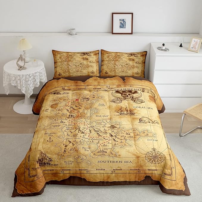 Feelyou Nautical Island Map Soft Comforter Set Kids Vintage Old Map Pirate Ship Bedding Set Ocean Ancient Pirate Skull Quilt Set Decor Bedroom Collection 2Pcs Twin Size