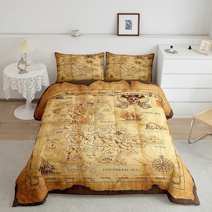 Feelyou Nautical Island Map Soft Comforter Set Kids Vintage Old Map Pirate Ship Bedding Set Ocean Ancient Pirate Skull Quilt Set Decor Bedroom Collection 2Pcs Twin Size