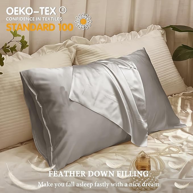 BHZ Grey Satin Goose Down Feather Pillows Standard Size with Pillowcase for Hair and Skin, Cooling Pillow Cases Similar to Silk Pillow Cases, Decorative for Women, Mom Men