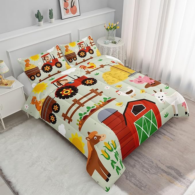 Kids Comforter Set Farm Theme Printed Pattern Bedding Set with 1 Comforter and 2 Pillowcases for Girls Boys Bedroom All Season(Farm Theme02 Queen)