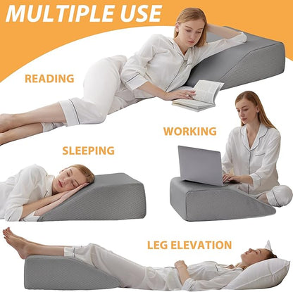 Bedluxe Leg Elevation Pillows, Leg Pillows for Sleeping, Cooling Gel Memory Foam Top, Wedge Pillow for Legs, Leg Wedges for Circulation, Swelling, After Surgery - Removable Cover (8 Inch, Grey)