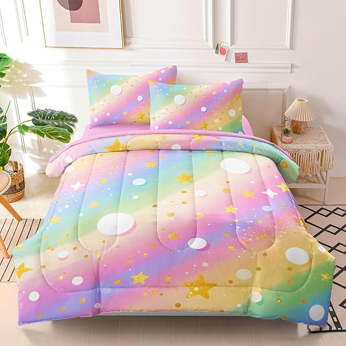 3 Pcs Twin Bedding Sets for Girls, Pink Glitter Rainbow Twin Size Bed Set, Stars Galaxy Bedding Comforter Set for Girls