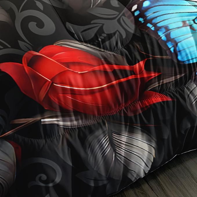 Black Red Rose Comforter Sets,Blue Butterfly Comforter Set Queen Bedding Sets for Girls Women Bedroom Decor,Romantic Floral Themed Bedding Soft Lightweight Comforter Sets with 2 Pillowcases.