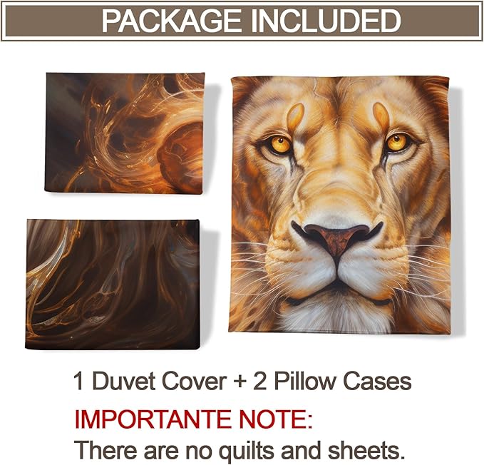 Lion Duvet Cover Twin Trippy Golden Lion Bedding Set 2 Piece for Kids Decor Modern Wild Animal Comforter Cover and 1 Pillow Sham with Zipper Closure