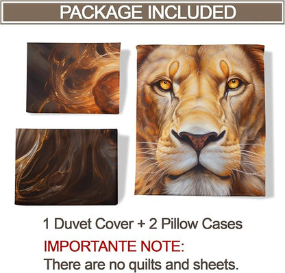 Lion Duvet Cover Twin Trippy Golden Lion Bedding Set 2 Piece for Kids Decor Modern Wild Animal Comforter Cover and 1 Pillow Sham with Zipper Closure