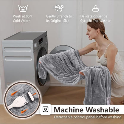 Wapaneus Heated Blanket Electric Throw 72" x 84" Full Size with 10 Heating Levels 12 Hours Time Setings and Auto-Shut Off, Flannel Fast-Heating Electric Blanket,Machine Washable,Light Grey