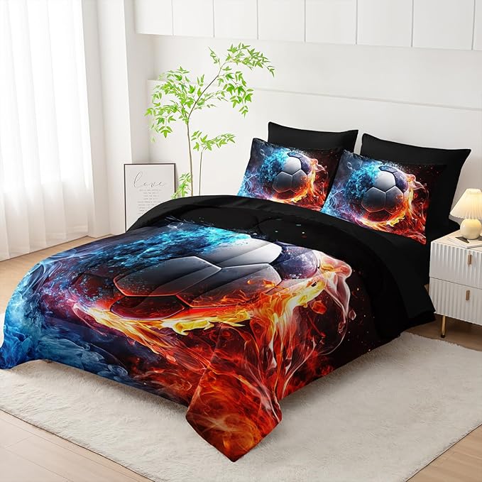 Soccer Print Comforter 7Pcs Gaming Sport Soccer Bedding Set for Kid Teen Girl Boy Adult Ball Sports Games Ice Fire Football Quilt Bed Set Full with 2 Sheets,2 Pillowcases,2 Throw Pillow Covers