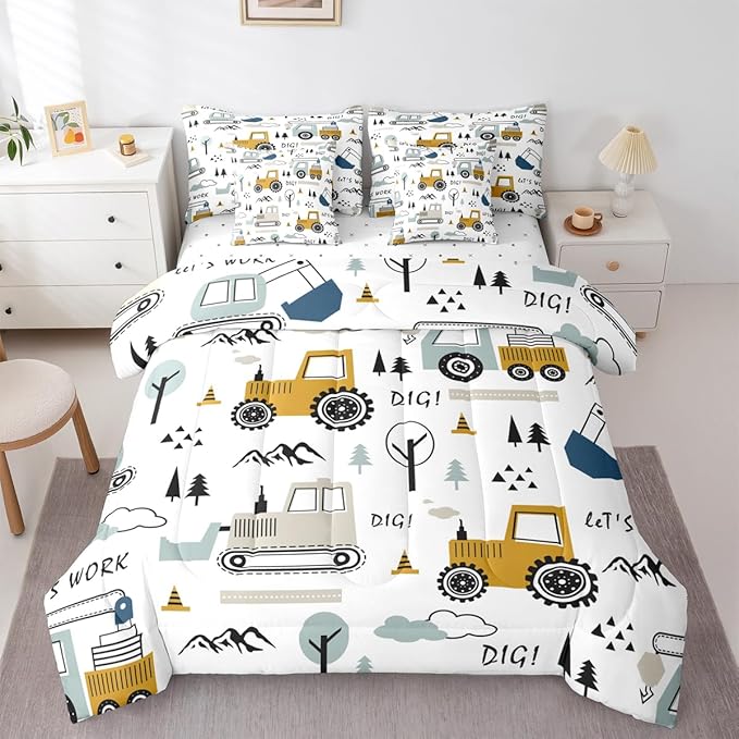 Feelyou Cartoon Car Kids Comforter Set with Sheets 7 Piece Queen Size Construction Bedding Set Boys Decor Equipment Trucks Bed in a Bag Excavator Tractor White Yellow Bed Set Bedroom