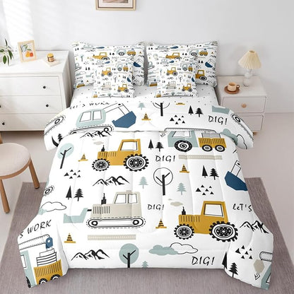 Feelyou Cartoon Car Kids Comforter Set with Sheets 7 Piece Twin Size Construction Bedding Set Boys Decor Equipment Trucks Bed in a Bag Excavator Tractor White Yellow Bed Set Bedroom
