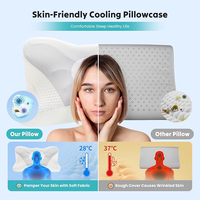 Smug Cervical Neck Pillow, Cooling Ergonomic Memory Foam Pillows for Neck Pain Relief with Breathable Pillowcase, Dual Height Orthopedic Support Contour Pillow for Side, Back, Stomach Sleepers, Grey