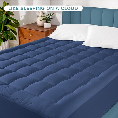 Bare Home King Mattress Topper Cotton Top - Plush Topper for Mattress - Fitted Mattress Cover - Cooling Breathable Air Flow - 8" to 21" Deep Pocket - Soft Mattress Pad (King, Dark Blue)