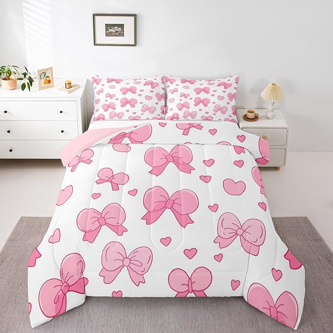 jejeloiu Pink Bowknot Comforter Set Full Size Cartoon Bow Bedding Set for Kids Boys Girls Cute Love Heart Duvet Quilt White Pink Bedroom Decor Microfiber 3 Pcs with 2 Pillow Cases