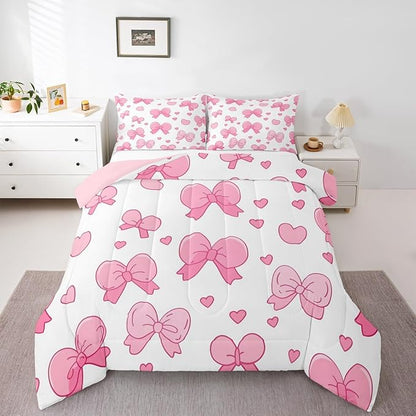 jejeloiu Pink Bowknot Comforter Set Twin Size Cartoon Bow Bedding Set for Kids Boys Girls Cute Love Heart Duvet Quilt White Pink Bedroom Decor Microfiber 2 Pcs with 1 Pillow Cases
