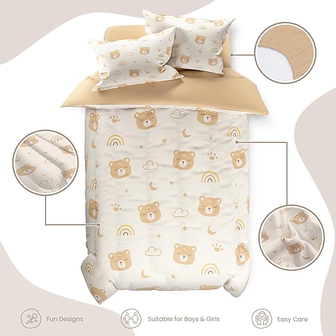 SANDJEST Bear Comforter Set Twin Size 68x86in for Kids Boys Girls Unisex, Microfiber 3 Pcs Bedding Set Includes 1 Comforter, 1 Pillowcase, 1 Fitted Sheet, Nursery Room Decor
