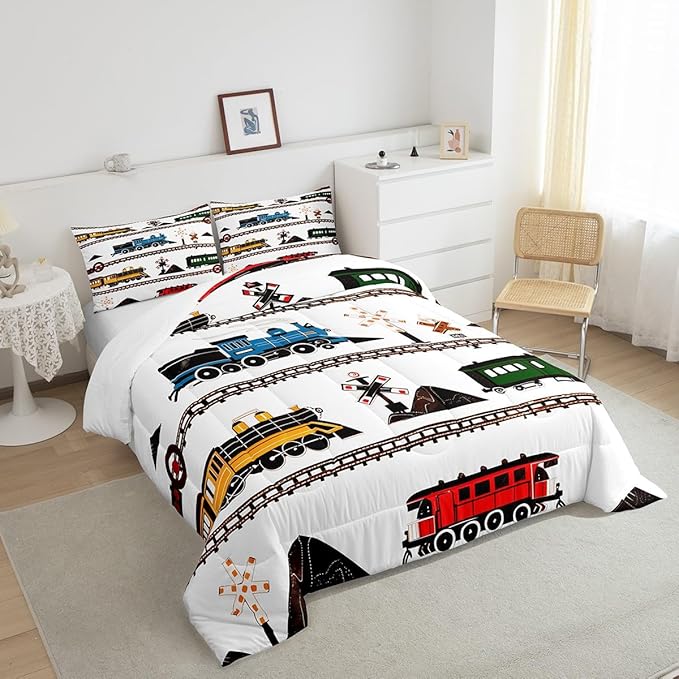 Erosebridal Kids Comforter Set Retro Vintage Train Bedding, Cute Vehicle Printed Colorful Train Comforter for Boys Girls Adults Teens Bedroom Decor All Season Full 3 Pieces, 1 Comforter 2 Pillowcases