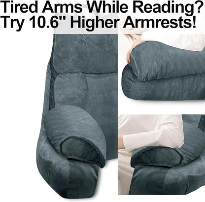RRPAHWTV Reading Pillow for Bed with High Arm Rests ,Back Support Pillow for Sitting Up in Bed with Shredded Memory Foam for Reading, TV, Gaming or Relaxing on Floor（Charcoal Gray, Large）