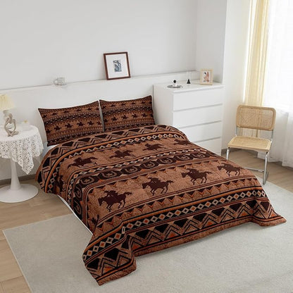 Feelyou Western Decor Comforter Set Full Size Horse Comforter Southwestern Native Aztec Bedding Set Retro Exotic Boho Duvet Set Room Decor Rustic Brown Quilt Set